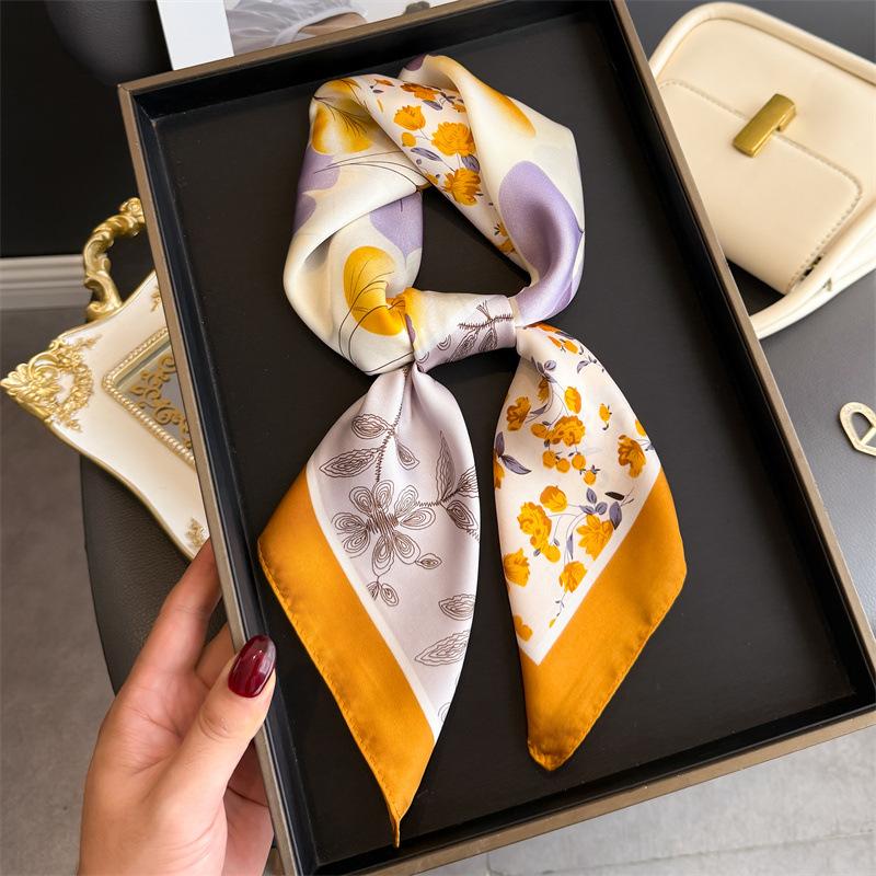 Luxury Floral Print Female Satin Neck Scarf Square Hair Scarves Foulard Head Band Shawls Wraps Neckerchief Bandana Women
