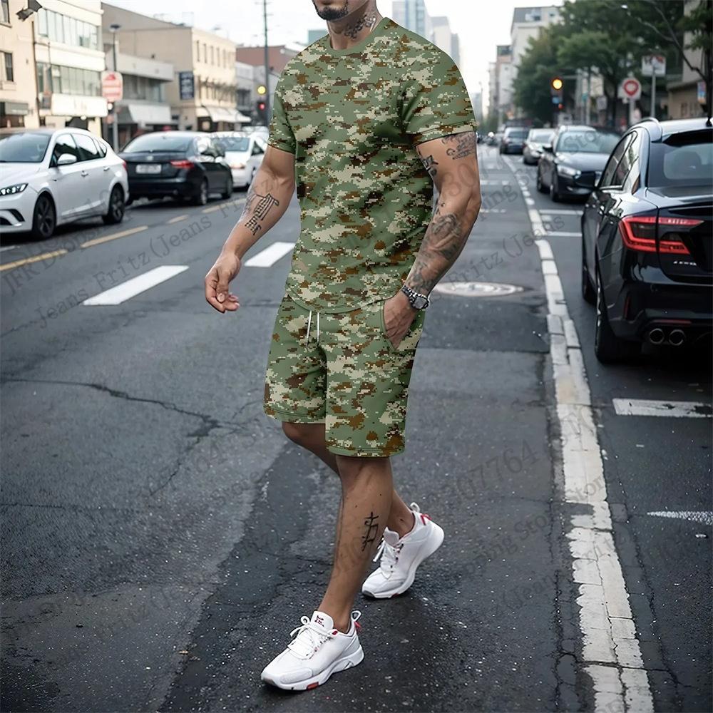 Two-Piece T-shirt Sets Camo Camouflage Faith Black Cross 3d Print T-shirt+Shorts 2Pcs Set Outdoor Suit Fitness Tee Pant Shorts SET