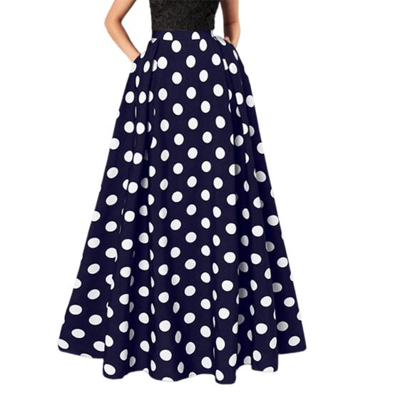 Women Maxi Skirt High Waist Color Matching Dot Print Retro A-line Big Hem Side Pockets Loose Full Length Soft Elastic Waist Lady Prom Party Long Skirt