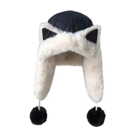 Lei Feng Hat Soft Plush Fox Ear Design Warm Imitation Rex Rabbit Fur Velvet Lined Adjustable Elastic Fit Riding Hat