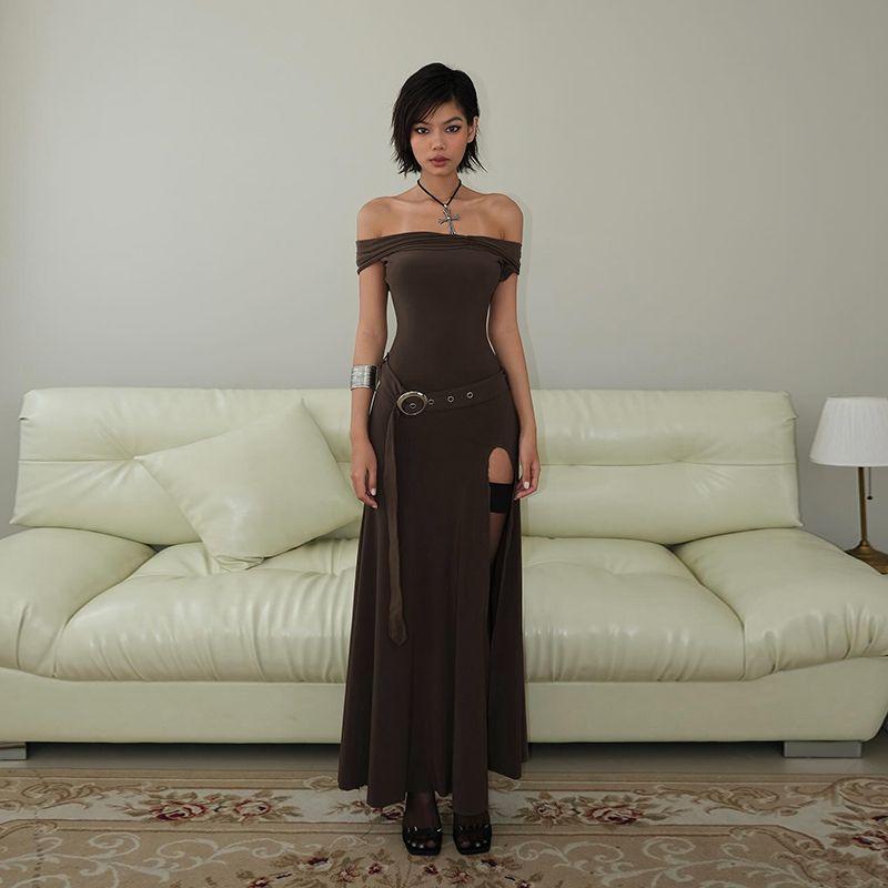 

Instahot Summer off-Shoulder Silm Dress Brown S