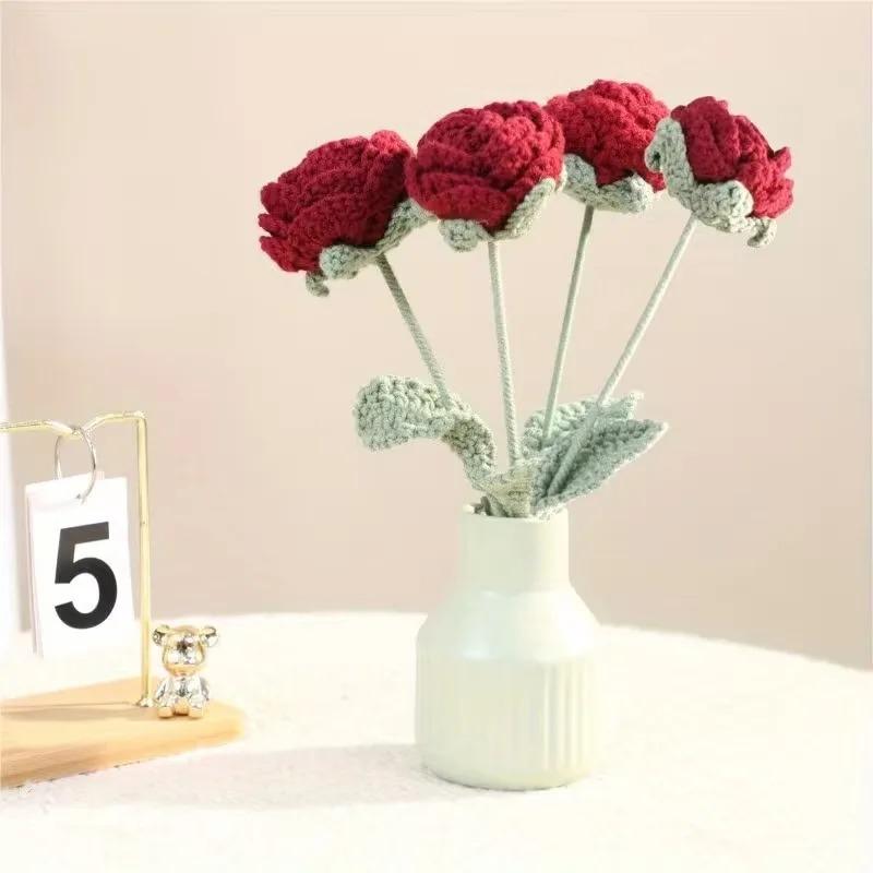 1-10PCSKnitted Flower Bouquet Handmade Sunflower Rose Yarn Decoration for Valentine Mothers Day Birthday Gift Artificial Flowers