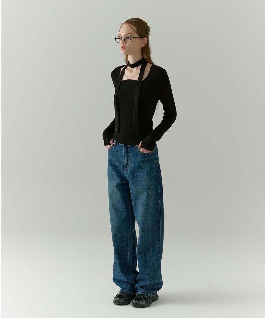 OSTKAKA Essential Wide Denim Pants Dark Blue
