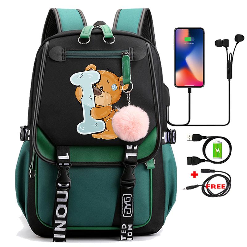 Lovely Little Bear 26 English Letters Student School Bag Backpack Outdoor Teenage Girl Cartoon Bookbag Laptop Travel Rucksack