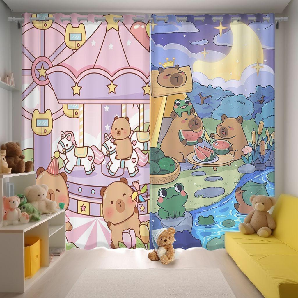 150x166CM Cartoon Capybara Blackout Curtain 2 Panels Kawaii Anime Window Drapes For Living Room Custom Home Window Treatments