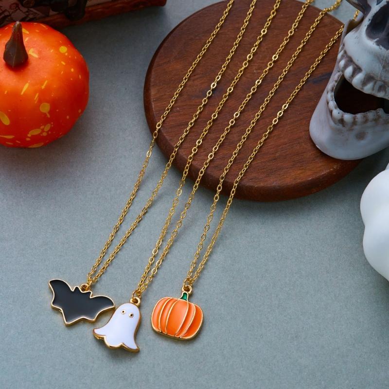 Spooky Jewelry Set for Women, 9 Piece Pumpkin Bat Figure Necklace Ring Earring Collection for Halloween Parties, Cosplay, and Themed Outfits