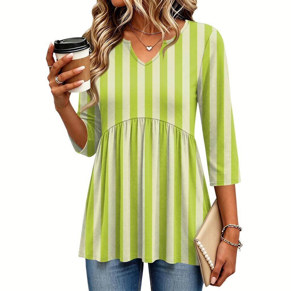Women's Casual Striped Print V-Neck Three-Quarter Sleeve Blouse