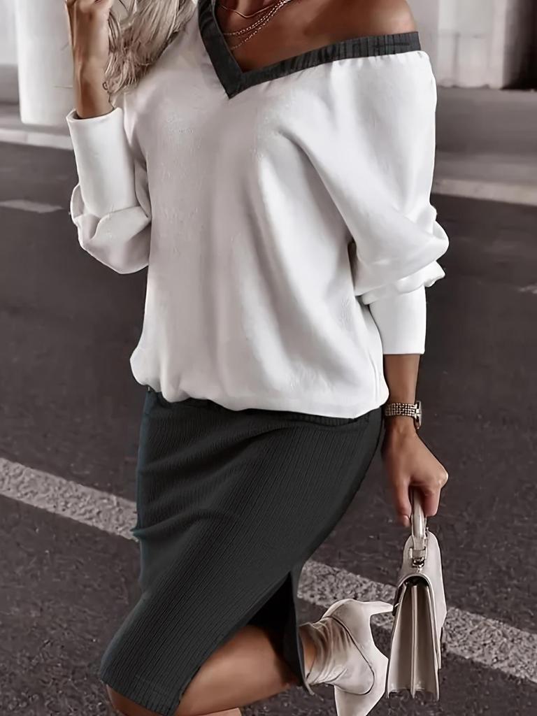 Women's Casual V-Neck Hoodie and Skirt Set