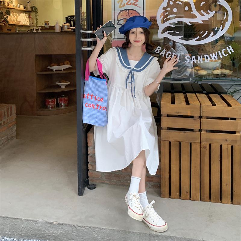 

Mischievous Girl: Korean Fresh Sweet Sailor Collar Contrast Dress One Size белый