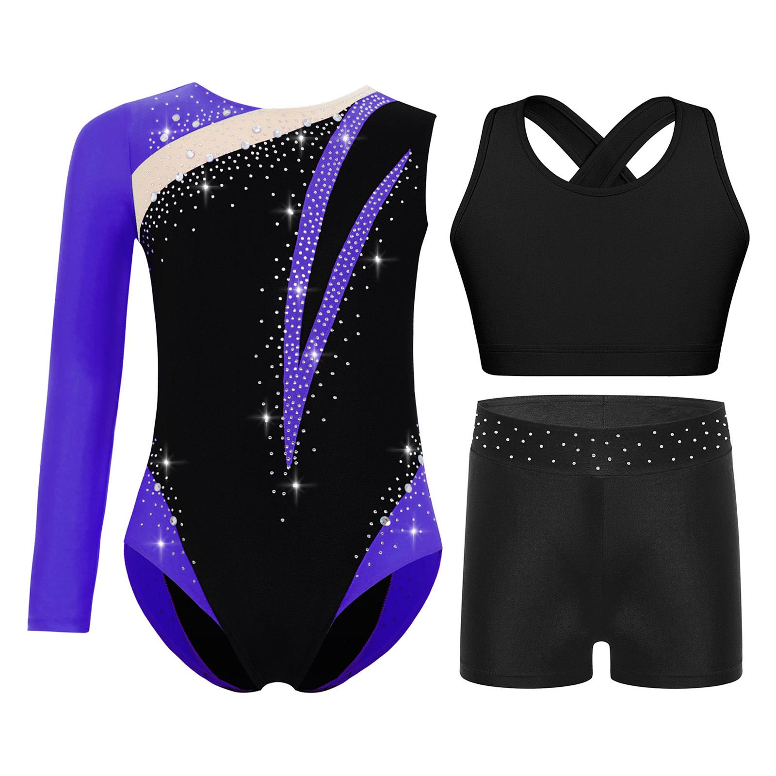 

Kids Girls Gymnastics Figure Skating Outfit Round Neck Shiny Rhinestones Color Block Asymmetrical Leotard with Cross Back Keyhole Vest and Shorts 5-6 Years