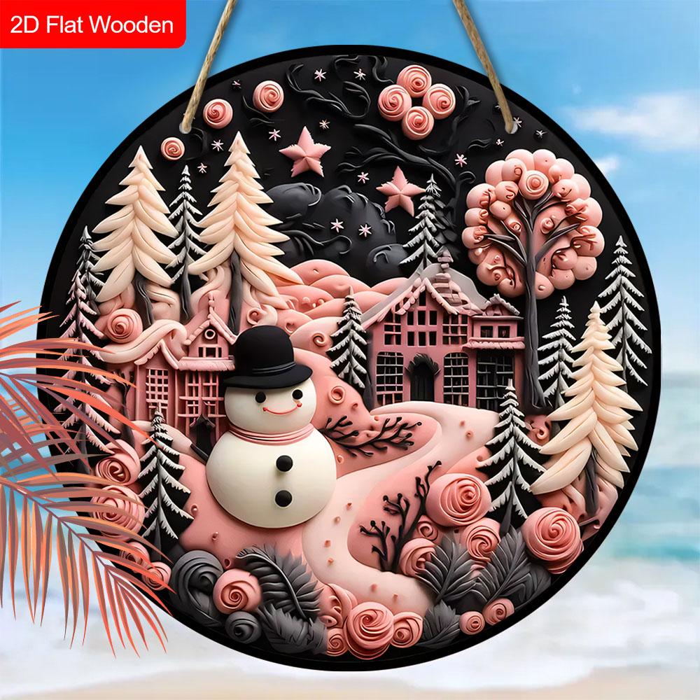 Pink Christmas Wooden Sign with Snowman Pattern - Navidad Sign for Front Door, Yard, Wall Hanging Decor - Ideal Christmas Gift for Friend