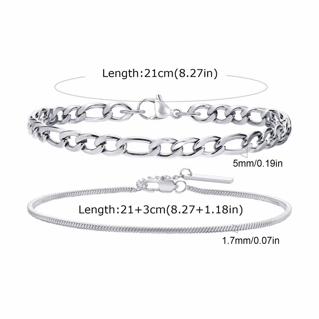Vnox 2pcs/Set Cuban Figaro Rope Snake Chain Bracelet Set for Men Boys, Gold Black Silver Color Stainless Steel Wristband Jewelry