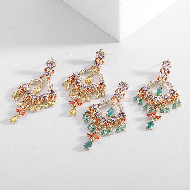 Cubic Zirconia Colorful Tassel Water Eardrop For Women Design Statement Wedding Jewelry Luxury Pendant Earring 925 Silver Needle