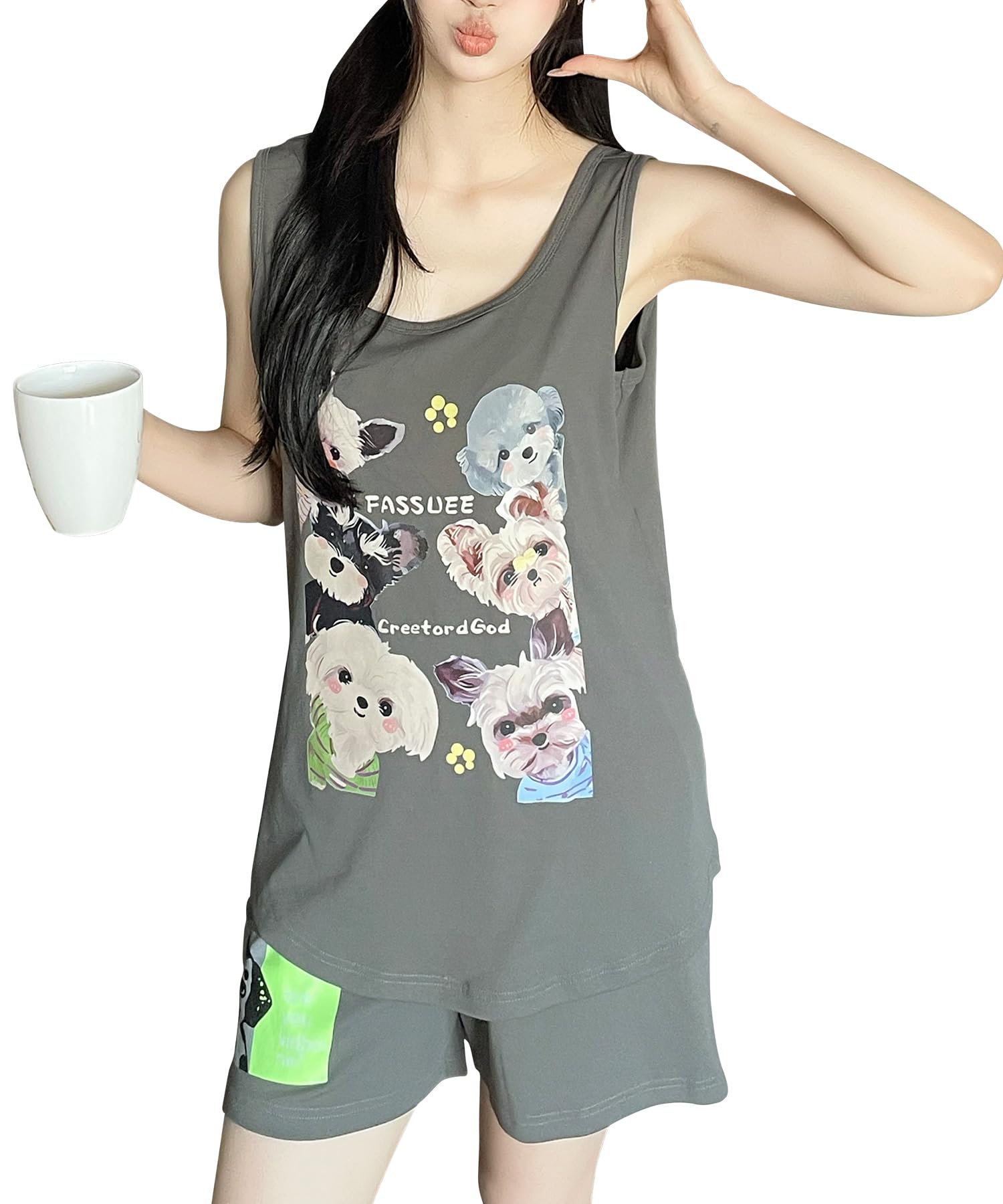 

PHOLEEY Summer Tank Top and Shorts with Chest Pads Women s Pajamas, Set, Loungewear, Soft, Comfortable, Breathable, Cute,