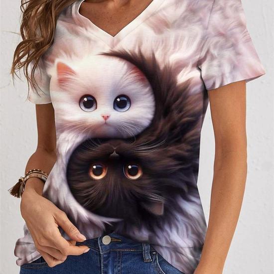 Cute Kitten T-Shirts Cat 3D Print Summer Women's Casual Short Sleeve V-Neck T Shirt Top Y2k Harajuku Tees Female Street Clothing