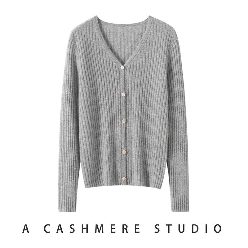 Women's 100% Pure Cashmere Striped V-Neck Knit Cardigan Sweater