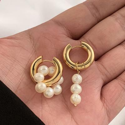 Fashion Natural Freshwater Pearls Pendant Earringd for Women Girl Gold Plated Stainless Steel Round Hoops Earring Charm Jewelry