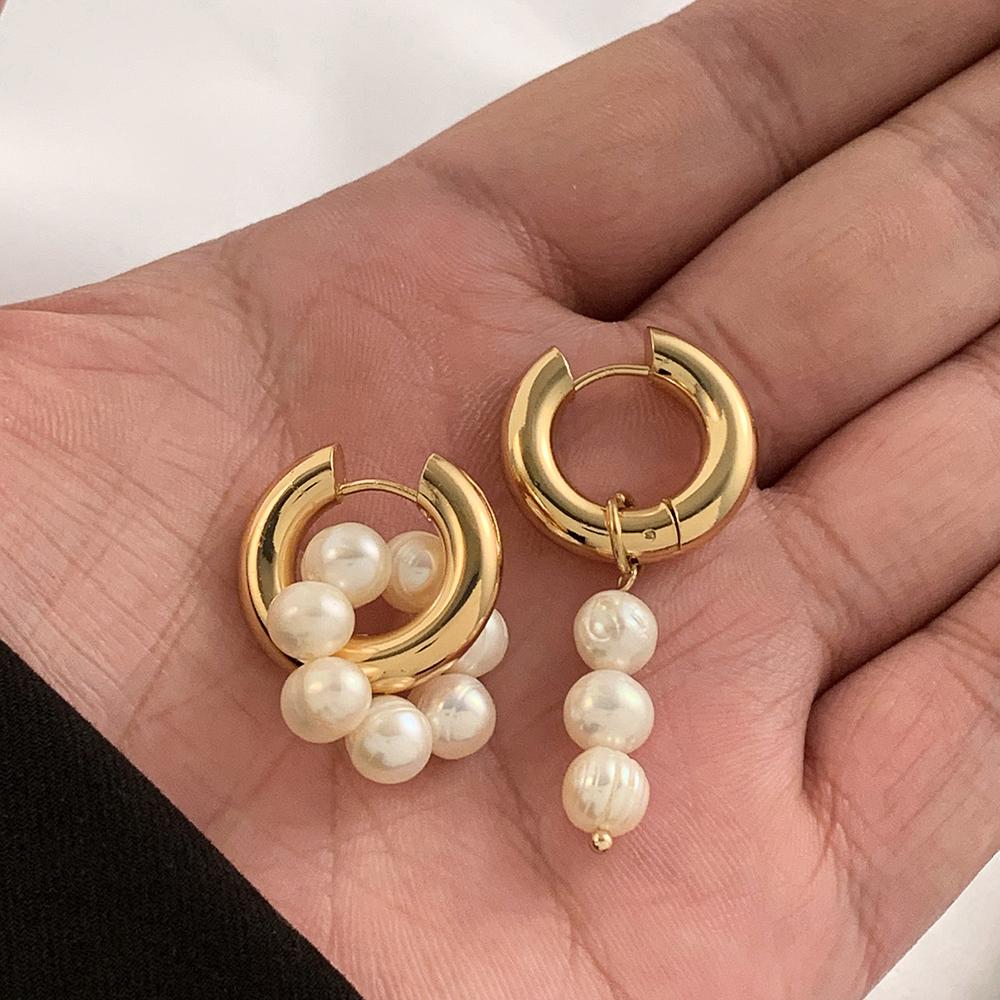 Fashion Natural Freshwater Pearls Pendant Earringd for Women Girl Gold Plated Stainless Steel Round Hoops Earring Charm Jewelry