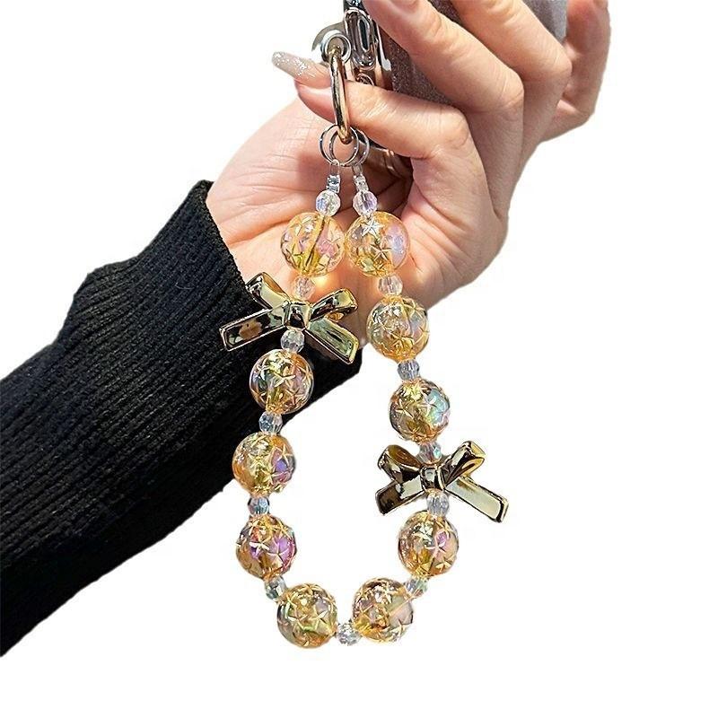 Sparkling Acrylic Beaded Bow Phone Wrist Strap Lanyard Keychain Wristlet Chain Short Women Droplet Crystals Handbag Use