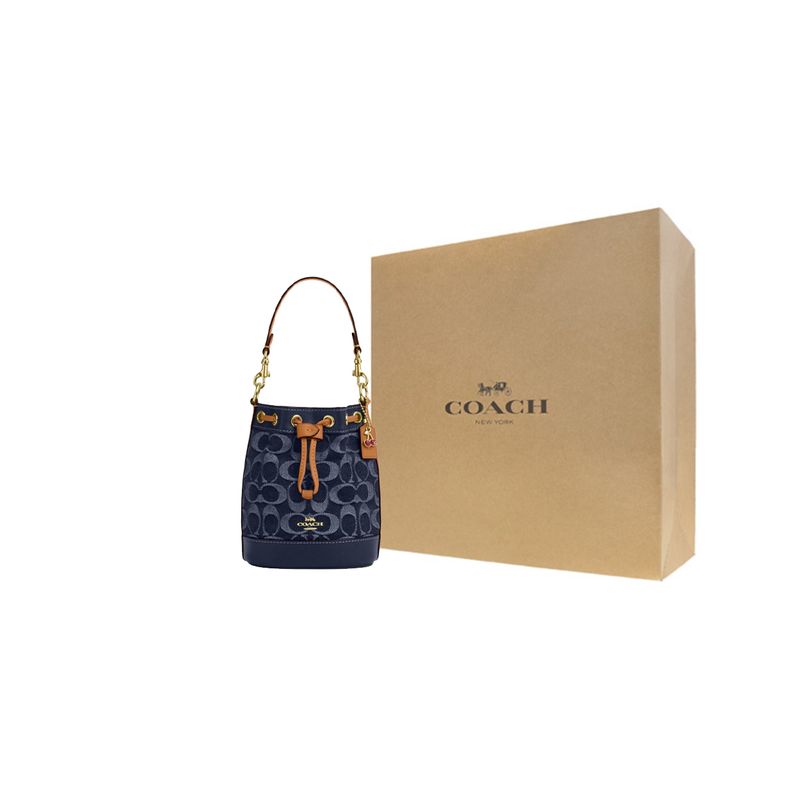 Coach Signature 14 Klassisches Logo Abnehmbarer Schultergurt Stoff und Leder Beuteltasche Mini Damen Taschen Denim-Blau CY740-IMXIA