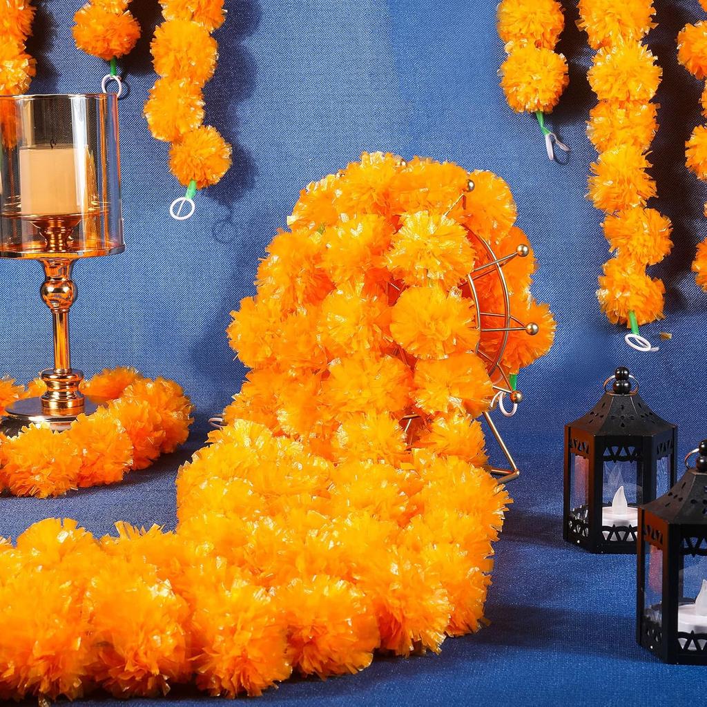 Giegxin 15 Pack Marigold Garland for Decoration 5 ft Long Strands Faux Artificial Marigold Flowers Indian Wedding Party Mantle Decor for Pooja