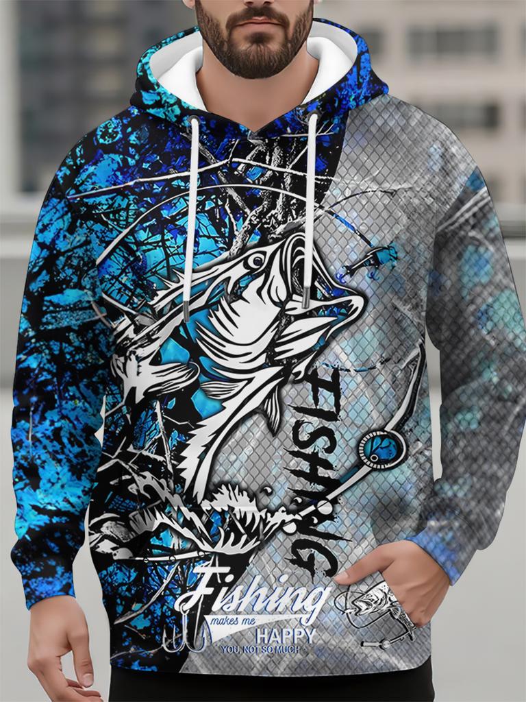Autumn Men's Sweatshirt Casual Long Sleeve Hooded Pullover Fishing Print Top Fashion Oversized Vintage Men's Hoodie Streetwear