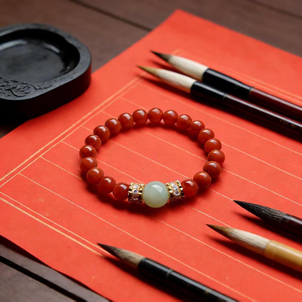 Unisex Red Agate & Hetian Jade Zodiac Bracelet, Prayer Beads, Retro Style