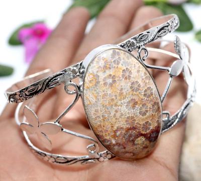 Huge Fossil Coral 925 Silver Plated Bangle 6.5" Valentine Gifts Trendy J8r18