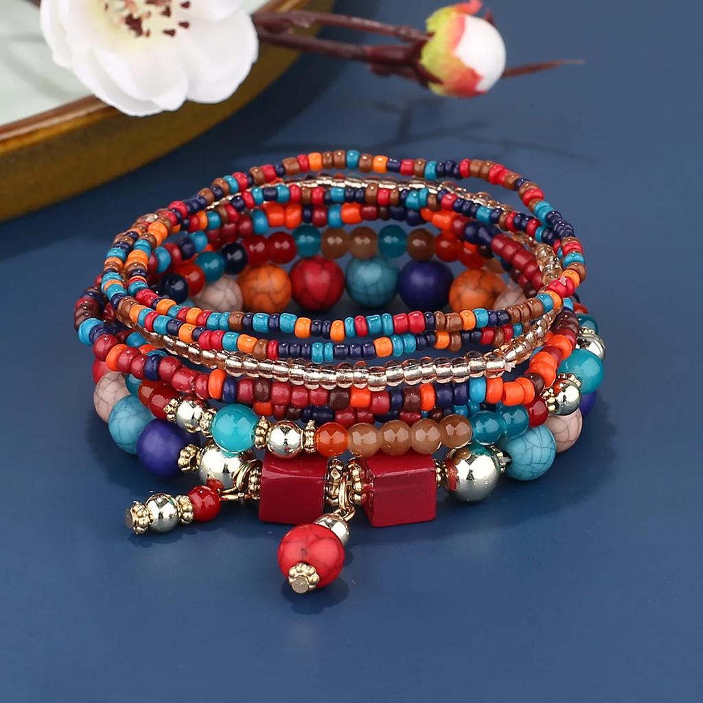 8Pcs Boho Colorful Rice Beads Bracelet Set For Women Summer Elastic Beaded Chain Bangle Girls Fashion Jewelry Accessories