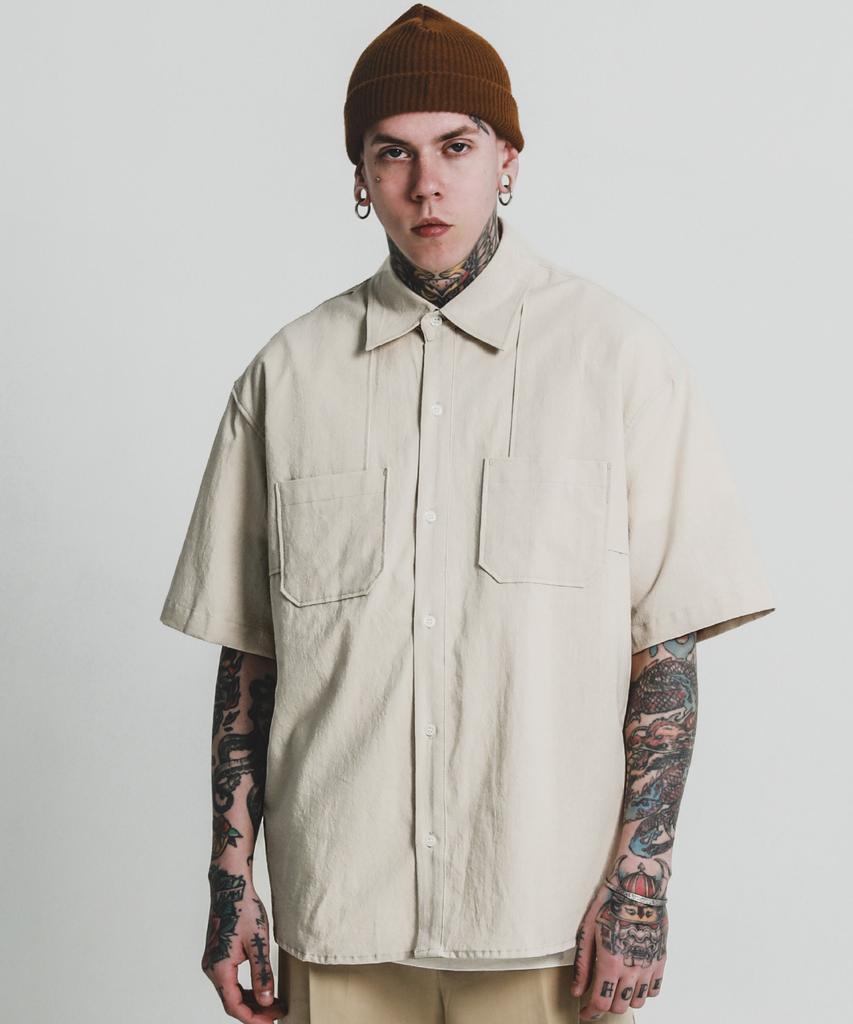 STAGE NAME Vintage Washed Cotton Double Shoulder Short Sleeve Shirt_L Beige