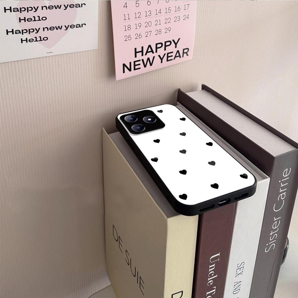 Black Heart Pattern Phone Case for realme C65s C63 C61 Note 60x 60 Acrylic Back TPU Bumper Shockproof Protective Cover, Minimalist Korean Style