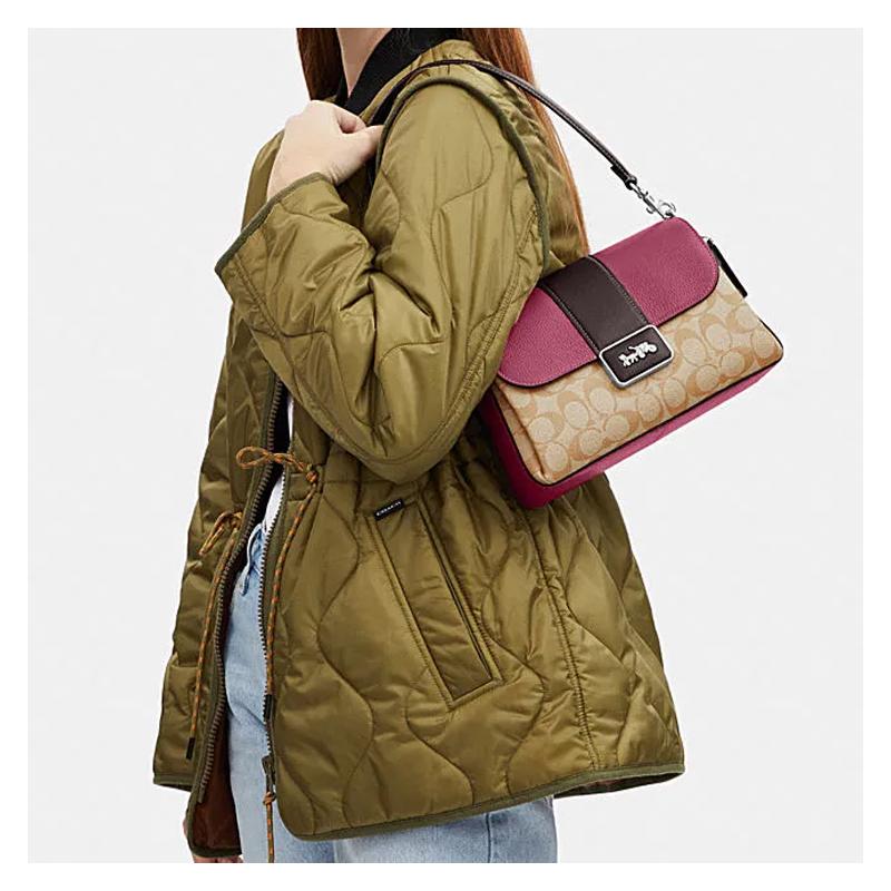 COACH Grace 26 classic old flower carriage logo buckle flap cowhide underarm bag hand shoulder bag women's purple and khaki