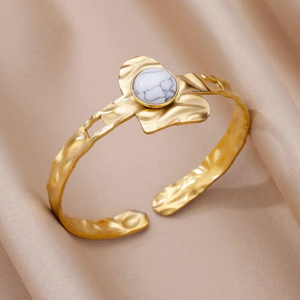 Artificial Green Stone Stainless Steel Cuff Bracelet for Women Gold Color Bangle Bracelets Female Vintage Jewelry Accessories