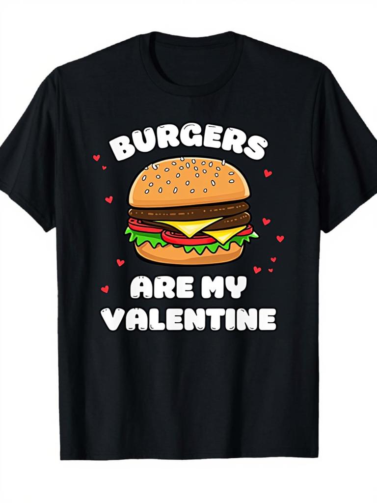 Men's & Women's Hamburger Valentine's Day T-Shirt - Funny Burger Print Casual Short Sleeve Round Neck Tee Suitable for Couples Matching Outfits, Valen