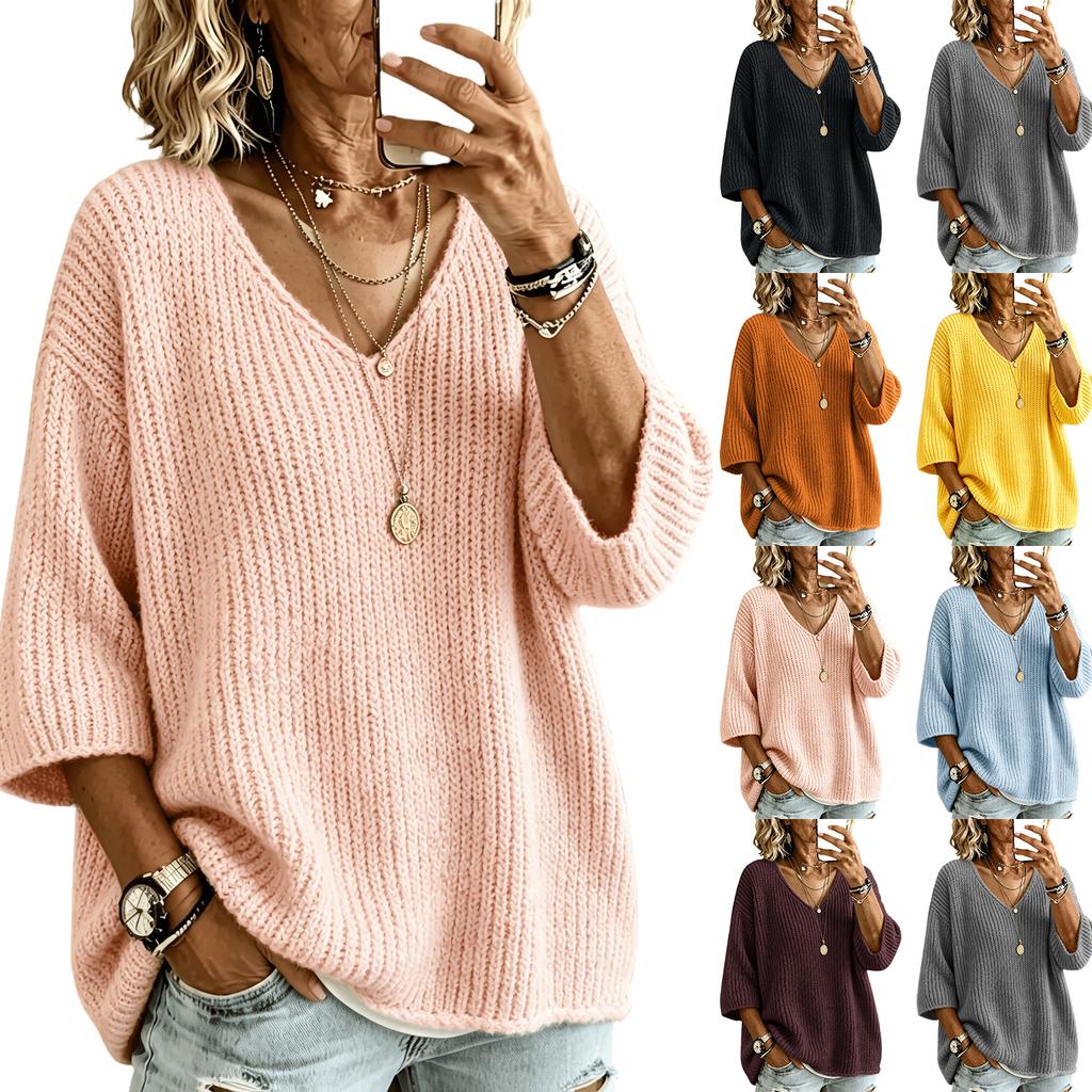 Haut Pull Casual en Maille à Col en V Coupe Ample pour la Détente et le Quotidien