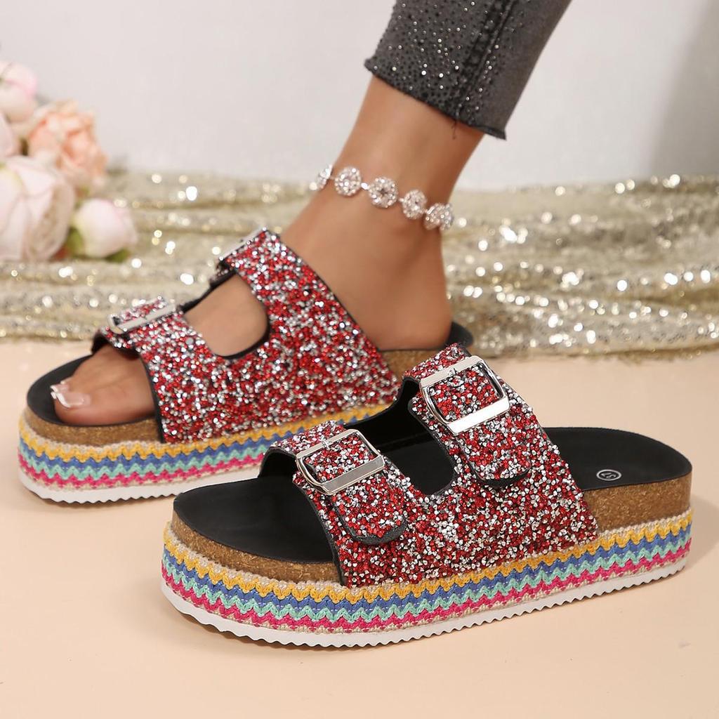Plus Size Sequin Buckle Cork Slides - Outdoor Double Buckle Sandals