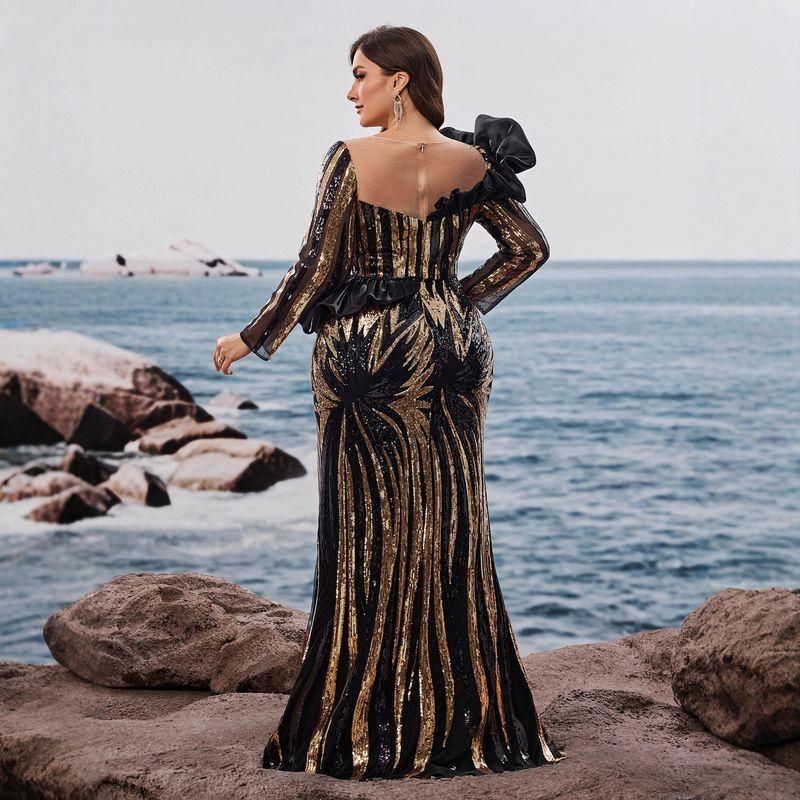 Birthday Wedding Dress Plus Size Dress European and American Long-Sleeved Sequin Embroidered Mermaid Evening Dress Formal Elegant Dress