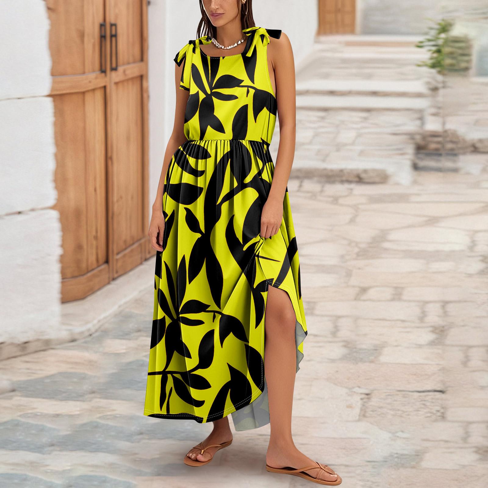 

Женское летнее модное платье-майка А-силуэта без рукавов повседневное платье с цветочным принтом/однотонными карманами XL жёлтый