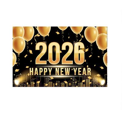 Black Gold 2026 New Year Backdrops Polyester Night Glittering Party Background Colorful Balloon Champagne New Year Banner