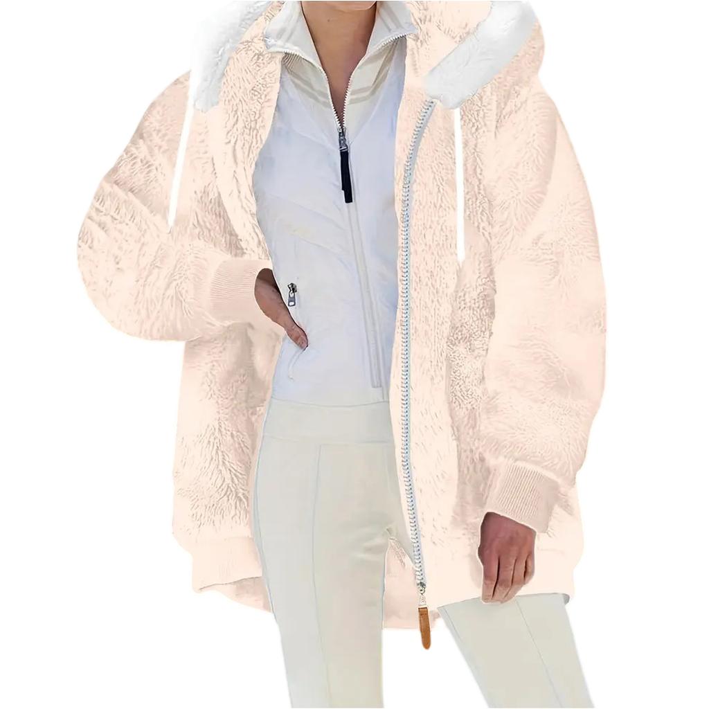 Women's Fashionable Plush Zipper Pocket Hooded Long Sleeved Loose Warm Jacket