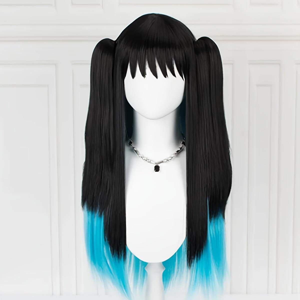 

Косплей молодежный двойной хвост с градиентом, синяя повязка на голову, модные и модные длинные прямые волосы