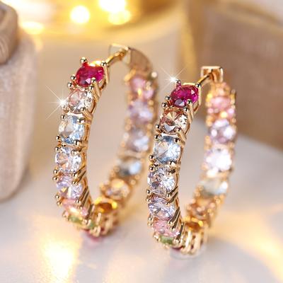 Orecchini a cerchio arcobaleno di lusso per donna, orecchini rotondi con zirconi cubici colorati, gioielli per feste di nozze