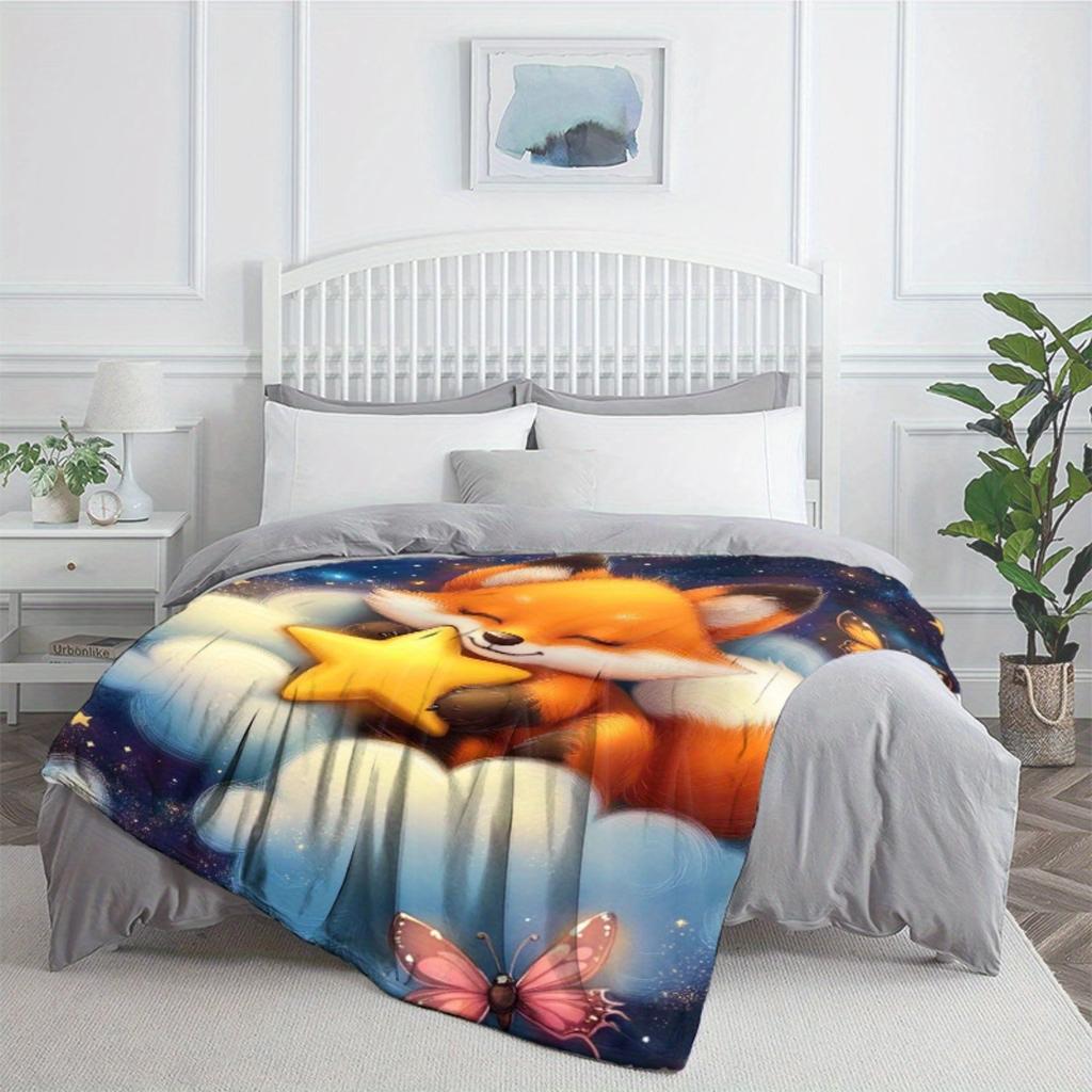 Adorable Fox Holding Star Clouds Butterflies Night Sky Fleece Blanket Cute Animal Print Soft Flannel Throw Kids Bedding Room