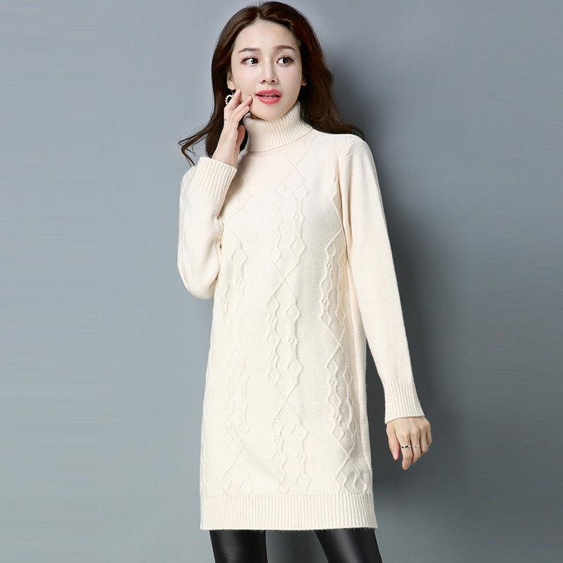 Damestrui Herfst- en Wintertrui Pullover Coltrui Gebreide kleding Losse Middellange Lengte Trending Trui M beige