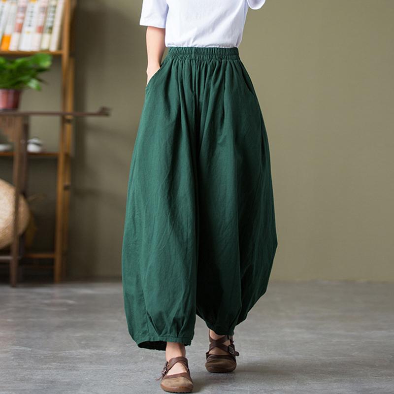 

High Waist Casual Bloomers Pants Lady Arrival Vintage Style Solid Color Cotton Linen Female Ankle-length Pants XXL зелёный