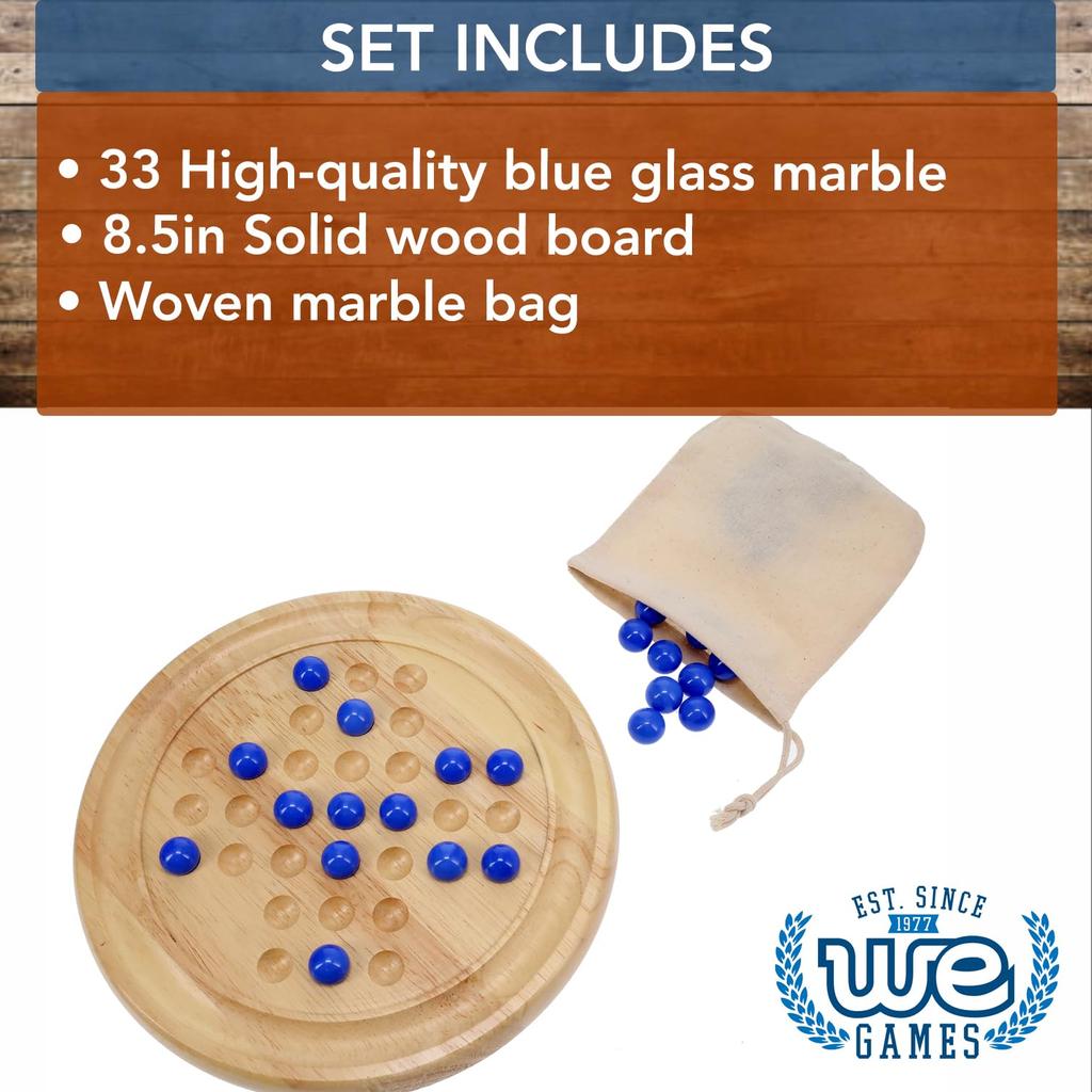 We Games Solid Wooden Solitaire with Blue Glass Marbles