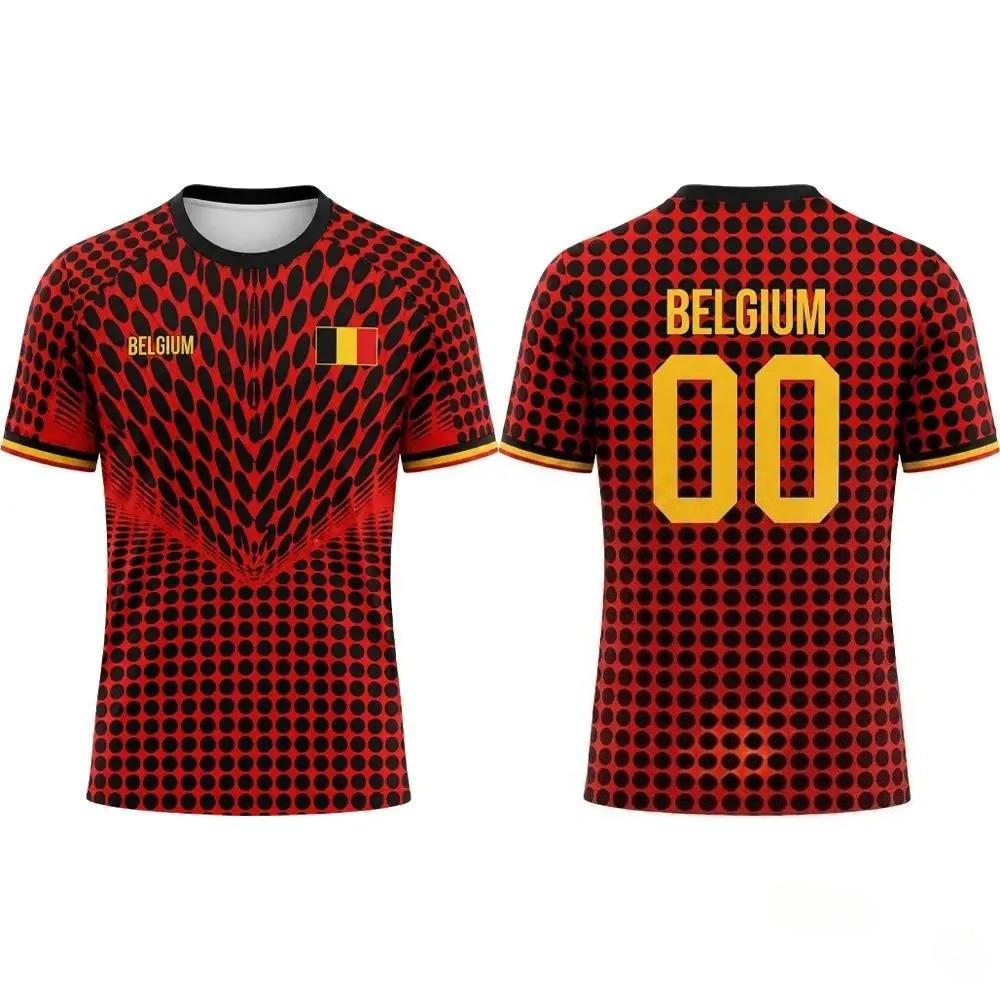 2026 New Belgian Flag Print Soccer Jersey for Men, Summer, Quick-Drying, Breathable, Soccer Training T-Shirt, Unisex Casual Sports Top