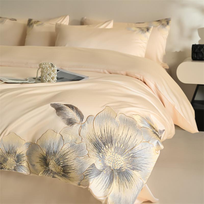 100% Egyptian Cotton Flowers Embroidery Luxury Bedding Set Single Double Queen King Duvet Cover Flat/Fitted Sheet Pillowcases