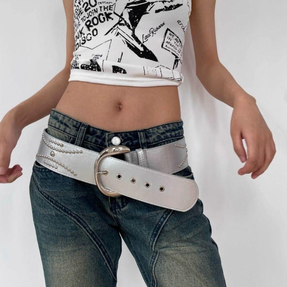 Y2K Wide Belt Silver PU Leather Waistbands Punk Rivet Waist Belt  Girl