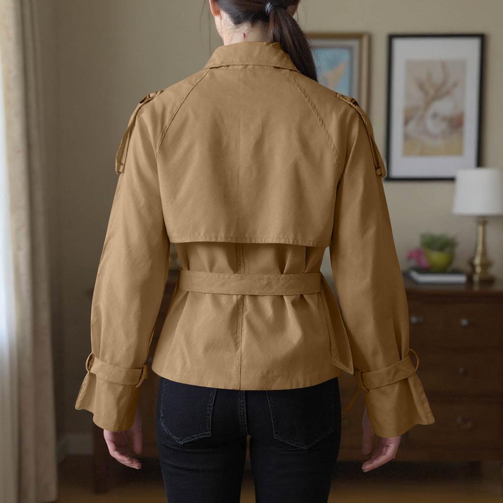 Women's Fashion Stand Collar Double-Breasted Waist-Defining Belted Short Trench Coat